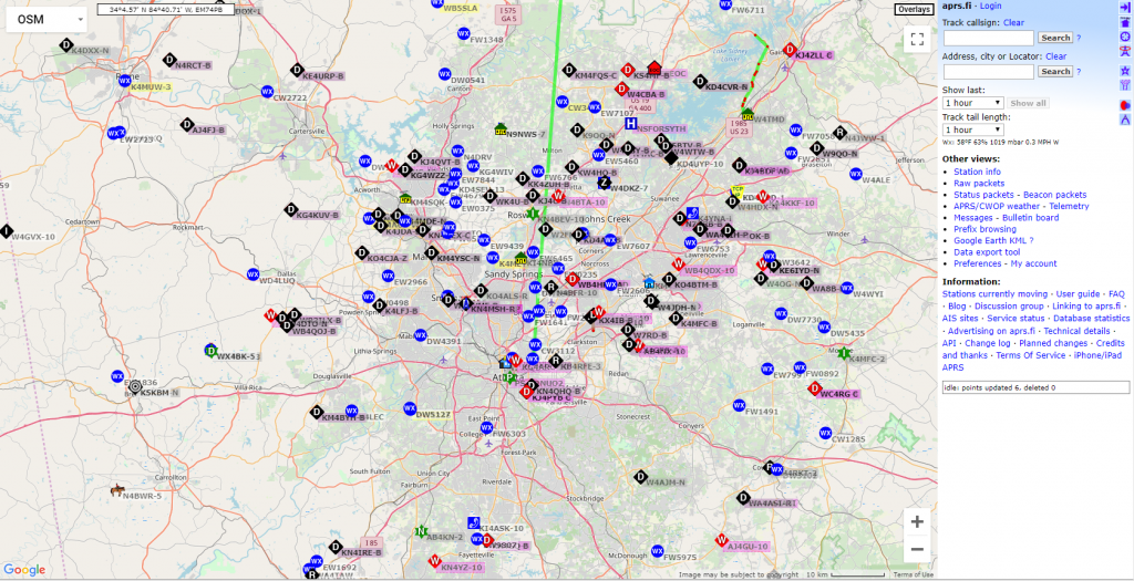 APRS Map centered over the Metro Atlanta area.